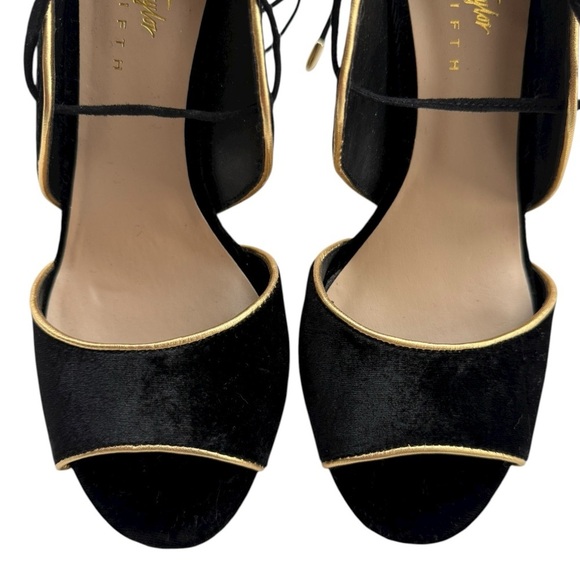 Lord & Taylor Lace Up Peep Toe Heels Sz 8 EU 38 Black Velvet Gold Stiletto - Picture 7 of 8